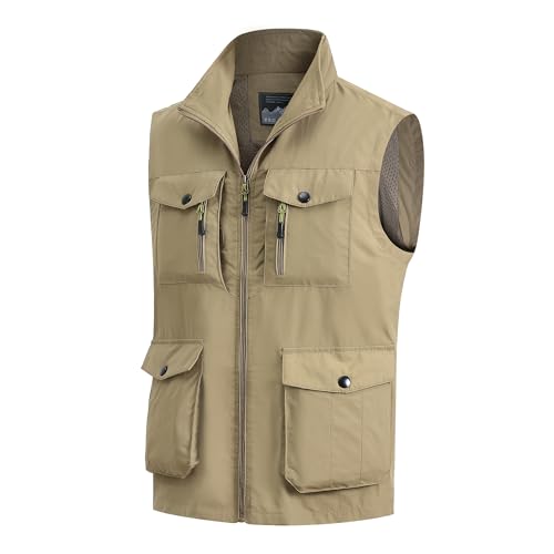 MeiLayM Herren Outdoor Weste mit Vielen Taschen Schnelltrocknende Freizeitweste Leicht Anglerweste Sommer Atmungsaktiv Ärmellose Jacke Sport Multifunktionsweste Camping Fotografie Weste Khaki,3XL von MeiLayM