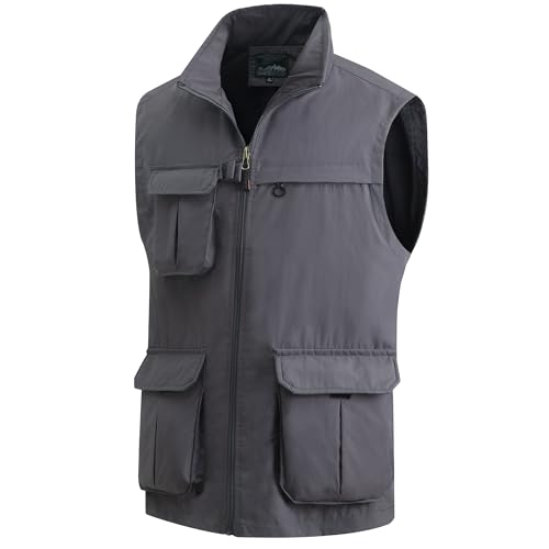 MeiLayM Herren Outdoor Weste mit Vielen Taschen schnelltrocknend Multifunktions Weste Leicht Atmungsaktiv Anglerweste Sport Weste Camping Fotografie Weste Freizeit Ärmellos Jacke Grau,S von MeiLayM