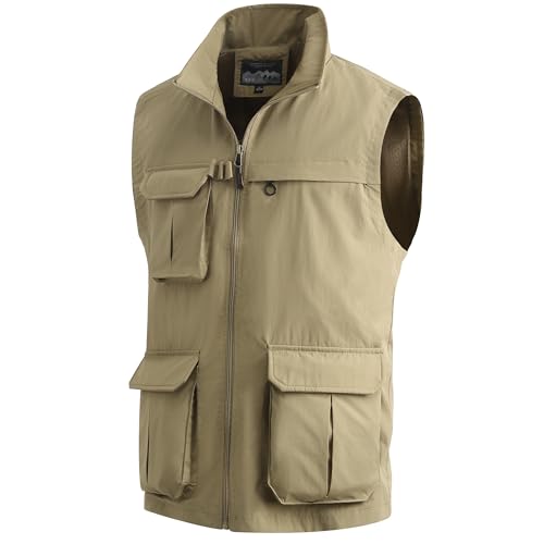 MeiLayM Herren Outdoor Weste mit Vielen Taschen schnelltrocknend Multifunktions Weste Leicht Atmungsaktiv Anglerweste Sport Weste Camping Fotografie Weste Freizeit Ärmellos Jacke Khaki,L von MeiLayM