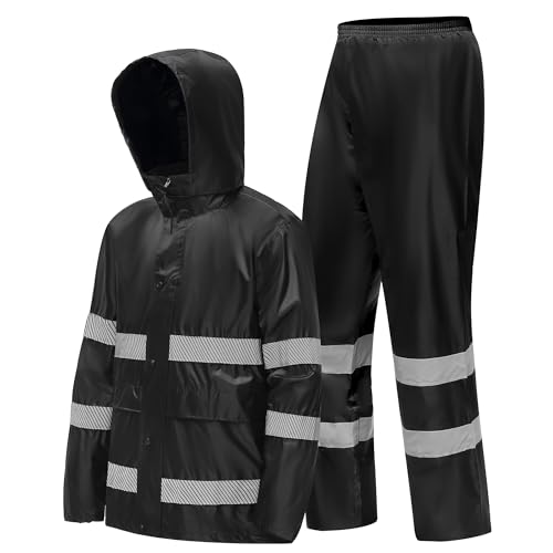 MeiLayM Herren Regenanzug - Reflektierende Regenjacke und Regenhose, Winddicht, Hooded für Arbeit, Fischen, Wandern, Camping - Schwarz, XXL von MeiLayM