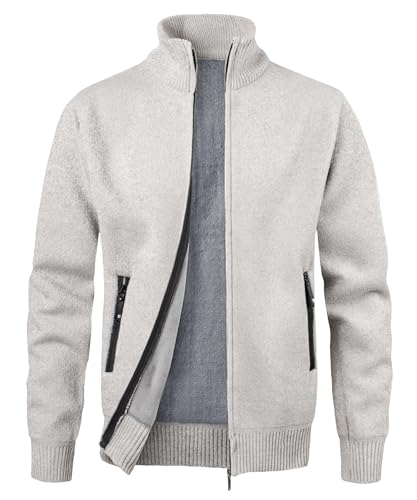 MeiLayM Herren Strickjacke Stehkragen Reißverschluß Pullover Weiches Plüschfutter Warm Sweatjacke Langarm Cardigan Feinstrick Herbst Winterjacke Beige,XXL von MeiLayM