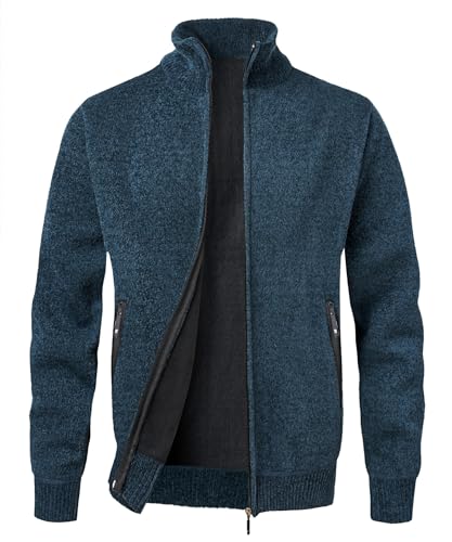 MeiLayM Herren Strickjacke Stehkragen Reißverschluß Pullover Weiches Plüschfutter Warm Sweatjacke Langarm Cardigan Feinstrick Herbst Winterjacke Blau,XXL von MeiLayM