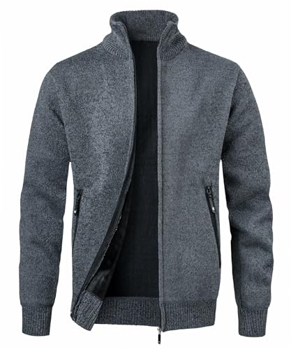 MeiLayM Herren Strickjacke Stehkragen Reißverschluß Pullover Weiches Plüschfutter Warm Sweatjacke Langarm Cardigan Feinstrick Herbst Winterjacke Grau,L von MeiLayM