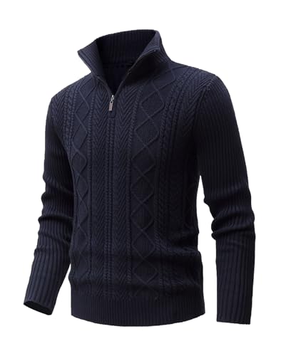 MeiLayM Herren Strickpullover Feinstrick Pullover mit Reißverschluss Strickpullover Stehkragen Pullover Zip Neck Langarm Winterpullover Winter Warme Weiche Pullover Blau,L von MeiLayM