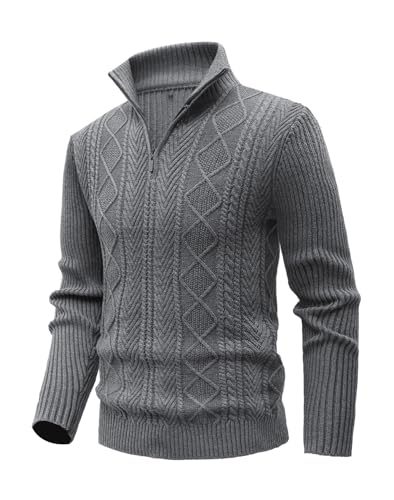 MeiLayM Herren Strickpullover Feinstrick Pullover mit Reißverschluss Strickpullover Stehkragen Pullover Zip Neck Langarm Winterpullover Winter Warme Weiche Pullover Grau,XXL von MeiLayM
