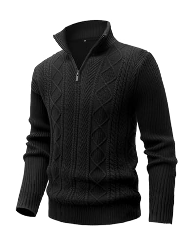 MeiLayM Herren Strickpullover Feinstrick Pullover mit Reißverschluss Strickpullover Stehkragen Pullover Zip Neck Langarm Winterpullover Winter Warme Weiche Pullover Schwarz,L von MeiLayM