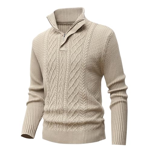 MeiLayM Herren Strickpullover Mit Reißverschluss - Stehkragen Feinstrick Sweatshirt Winterpullover Sweatjacke Half Zip Warme Weiche Pullover Khaki, L von MeiLayM