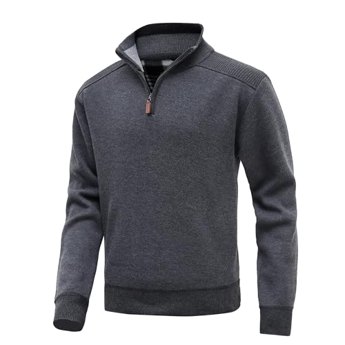 MeiLayM Herren Strickpullover mit Stehkragen Pullover Herren Strickpullover Fleece Gefüttert Winterpullover Feinstrick Sweatshirt Langarm Leichter Arbeitspullover mit Reißverschluss Grau,XL von MeiLayM