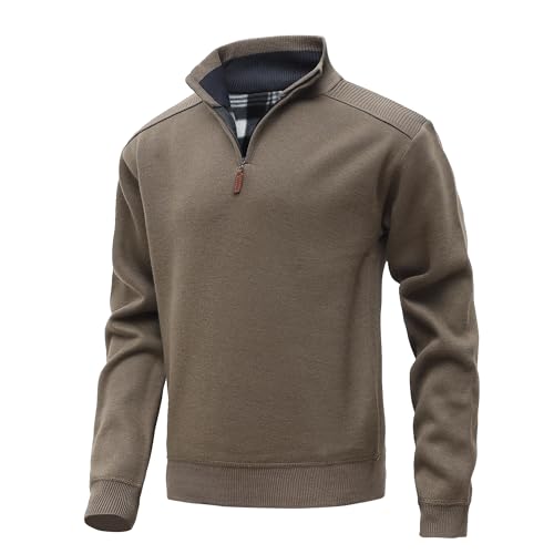 MeiLayM Herren Strickpullover mit Stehkragen Pullover Herren Strickpullover Fleece Gefüttert Winterpullover Feinstrick Sweatshirt Langarm Leichter Arbeitspullover mit Reißverschluss Khaki,XXL von MeiLayM