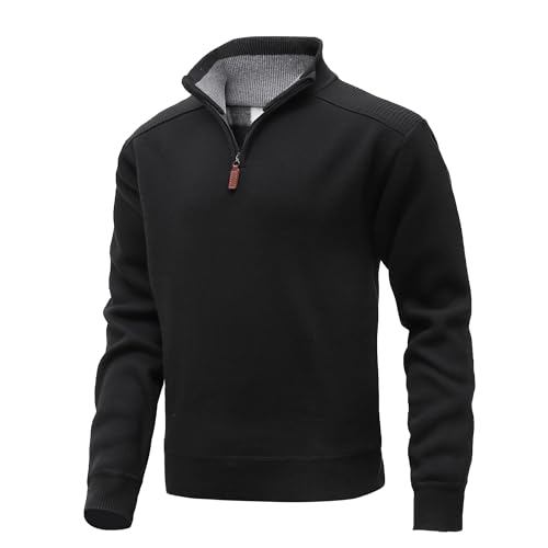 MeiLayM Herren Strickpullover mit Stehkragen Pullover Herren Strickpullover Fleece Gefüttert Winterpullover Feinstrick Sweatshirt Langarm Leichter Arbeitspullover mit Reißverschluss Schwarz,XL von MeiLayM