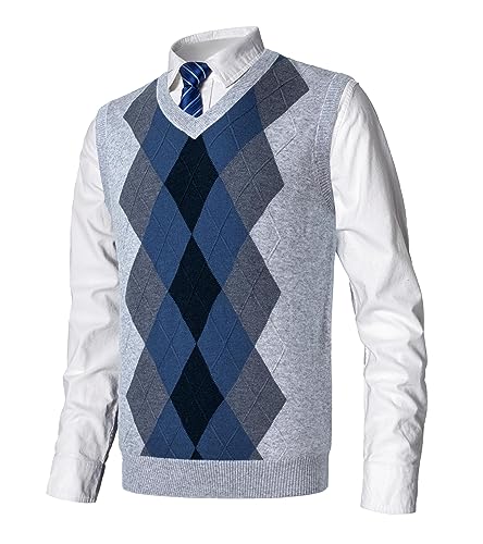 MeiLayM Herren West Strickweste Pullunder Slim Fit V-Ausschnitt Ärmellos Knit Pullunder für Herbst Winter West Ärmellose Pullunder Strickweste Argyle Pulloverwestee Casual von MeiLayM