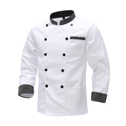 MeiLayM Kochjacke für Herren Langarm Arbeitsjacke Unisex Kochjacke Professionelle Kochjacke Stehkragen Uniform Küchebekleidung Hotel Cafe Kochjacke mit Tasche Weiß,XS von MeiLayM