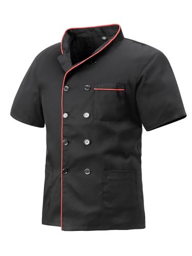 MeiLayM Kochjacke für Herren & Damen Slim Kochjacke mit Druckknöpfen Herren Modern Style Kurzarm Bäckerjacke Professional Chef Uniform Kurzarm Schwarz Rot,S von MeiLayM