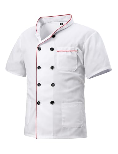 MeiLayM Kochjacke für Herren & Damen Slim Kochjacke mit Druckknöpfen Herren Modern Style Kurzarm Bäckerjacke Professional Chef Uniform Kurzarm Weiß Rot,S von MeiLayM