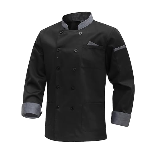 MeiLayM Unisex Kochjacke Herren Langärmelig Kochkleidung Professional Chef Kochjacke Bäckerjacke Chef mit Tasche Uniform Kochkleidung Arbeitsjacke Schwarz,XXL von MeiLayM