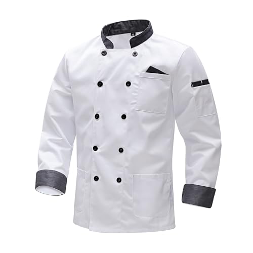 MeiLayM Unisex Kochjacke Herren Langärmelig Kochkleidung Professional Chef Kochjacke Bäckerjacke Chef mit Tasche Uniform Kochkleidung Arbeitsjacke Weiß,L von MeiLayM