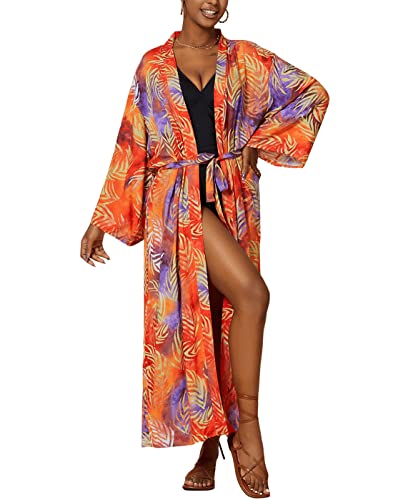 MEILING Damen Bedruckt Tie Front Kimono Cardigan Gürtel Bikini Cover Up Bademode Lang Strand Robe Kleid, Bedruckt, Medium von MeiLing