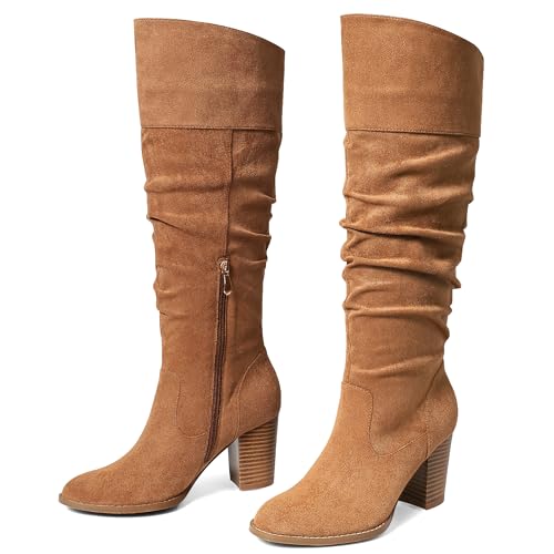 MeiLuSi Damen Slouchy Kniehohe Stiefel Wildleder Herbststiefel Runde Zehen Chunky Heel Stiefel Warme Winterstiefel Weite Wadenstiefel Outdoor Seitlicher Reißverschluss, Braun, Wildleder, 39 EU von MeiLuSi