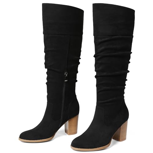 MeiLuSi Damen Slouchy Kniehohe Stiefel Wildleder Herbststiefel Runde Zehen Chunky Heel Stiefel Warme Winterstiefel Weite Wadenstiefel Outdoor Seitlicher Reißverschluss, Schwarzes Wildleder, 39.5 EU von MeiLuSi