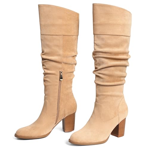 MeiLuSi Damen Slouchy Kniehohe Stiefel Wildleder Herbststiefel Runde Zehen Chunky Heel Stiefel Warme Winterstiefel Weite Wadenstiefel Outdoor Seitlicher Reißverschluss, Wildleder Apcicot, 36 EU von MeiLuSi