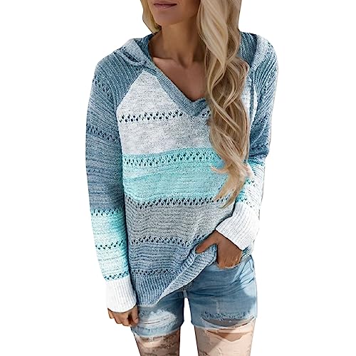 Damen Farbblock Kapuzenpullover Gestreift Hoodie Entspannt Sweatshirt Mit Kapuze Und Reißverschluss Strickjacke Herbst Winter Oversize Pullover Oberteile Leicht Kapuzenjacke Tunika Strickpullover von MeiLyviba