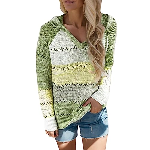 Damen Farbblock Kapuzenpullover Gestreift Hoodie Entspannt Sweatshirt Mit Kapuze Und Reißverschluss Strickjacke Herbst Winter Oversize Pullover Oberteile Leicht Kapuzenjacke Tunika Strickpullover von MeiLyviba