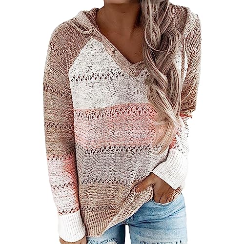 Damen Farbblock Kapuzenpullover Gestreift Hoodie Entspannt Sweatshirt Mit Kapuze Und Reißverschluss Strickjacke Herbst Winter Oversize Pullover Oberteile Leicht Kapuzenjacke Tunika Strickpullover von MeiLyviba