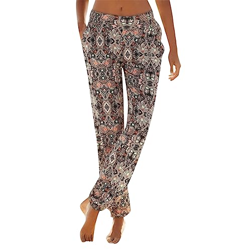 Damen Pant Lange Haremshose Schlupfhose Boho Strandhose Leicht Blumenmuster Freizeithose Loose Luftig Sommerhose Frauen Hose mit Taschen Straight Bein Hose Sommerhose Stoffhose Jogginghose Yogahose von MeiLyviba