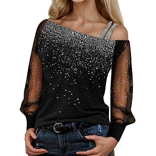 Glitzer Oberteile Damen T-Shirt Schulterfrei Sexy Langarmshirt Casual Mode Langarm Shirt Bluse Tops Tunika Elegant Einfarbig Pullover Jumper Herbst Winter Spitze Streetwear Laufshirt Festliche von MeiLyviba