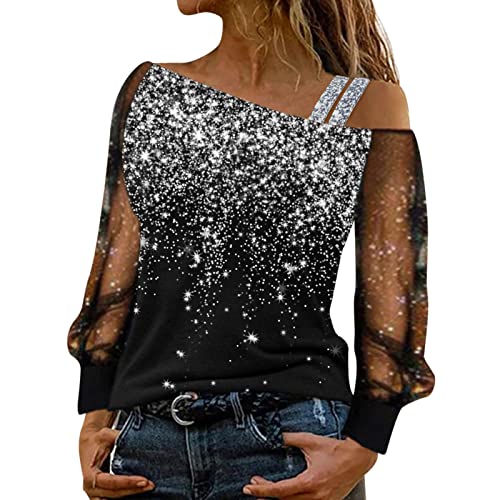 Glitzer Oberteile Damen T-Shirt Schulterfrei Sexy Langarmshirt Casual Mode Langarm Shirt Bluse Tops Tunika Elegant Einfarbig Pullover Jumper Herbst Winter Spitze Streetwear Laufshirt Festliche von MeiLyviba