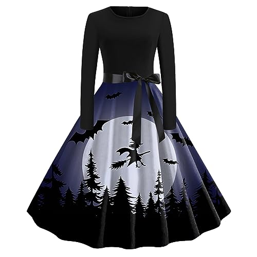 Halloween Kostüm Damen Retro Mittelalter Kleidung Temperament Langarm Rockabilly Cocktailkleid Schnüren Gebundene Taille Tunikakleider Festlich Rundhals Teufel Schwingen Gastkleider Swing Partykleid von MeiLyviba