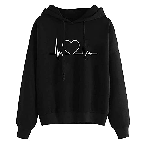 Hoody Damen mit Kapuze Hoodie Kawaii Kapuzenpullover Kawaii Sweatshirt Süß Sportlich Weißer Y2k Langarmshirt Schwarz Herbst Leicht Löwenzahn Herzdruck Oberteile Einfarbig Sportshirt Pulli Oversize von MeiLyviba