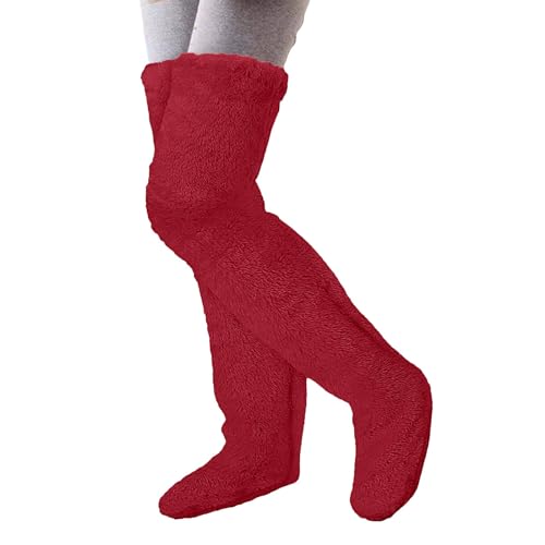 Kuschelsocken Damen Winter Weiß Plüsch Overknee Socken Flauschig Strümpfe Stulpen Teddy Lange Beinwärmer Warme Frauen Wintersocken Knee High Socks Haussocken Lustige Trachtensocken Weihnachtssocken von MeiLyviba