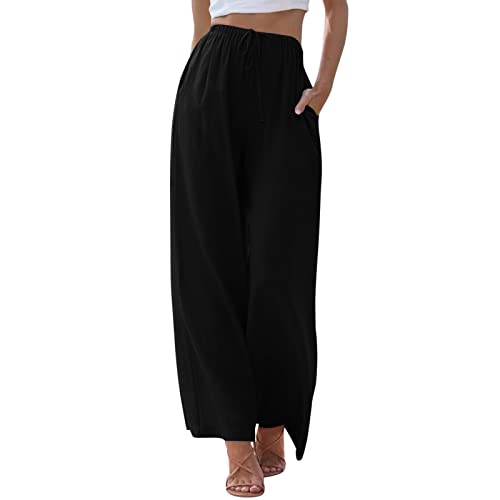 Linen Pants Women-Damen Musselin Hosen Sommer Leinen Leicht Casual Locker Leinenhose Freizeithose Palazzo Hose Weite Leg Hose Sommerhose Hohe Taille Mit Tunnelzug Und Taschen Stoffhose Strandhose von MeiLyviba