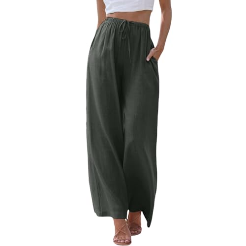 Linen Pants Women-Damen Musselin Hosen Sommer Leinen Leicht Casual Locker Leinenhose Freizeithose Palazzo Hose Weite Leg Hose Sommerhose Hohe Taille Mit Tunnelzug Und Taschen Stoffhose Strandhose von MeiLyviba