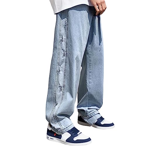 MeiLyviba Baggy Jeans Herren, Y2K Jeanshose Vintage Straight Leg Denim Hosen Teenager Jungen Streetwear Hip Hop Loose Fit Breit Jeans Jogginghose Boyfriend Jeans Hellblau Schwarz von MeiLyviba