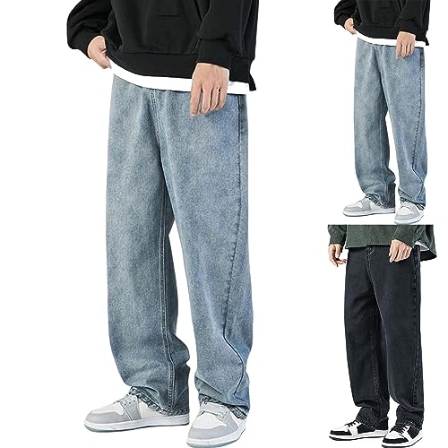 MeiLyviba Baggy Jeans Herren, Y2K Vintage Straight Leg Denim Hosen, Teenager Jungen Streetwear Hip Hop Loose Fit Breit Jogginghose Boyfriend Jeans Hellblau Schwarz von MeiLyviba