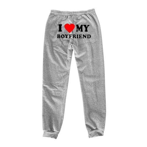 MeiLyviba Damen Jogginghose „I Love My Boyfriend“ hoch taillierte Dehnbare Hose Fleece gefütterte Trainingshose lustige Hose mit Buchstabendruck Weite Freizeithose mit Taschen für von MeiLyviba