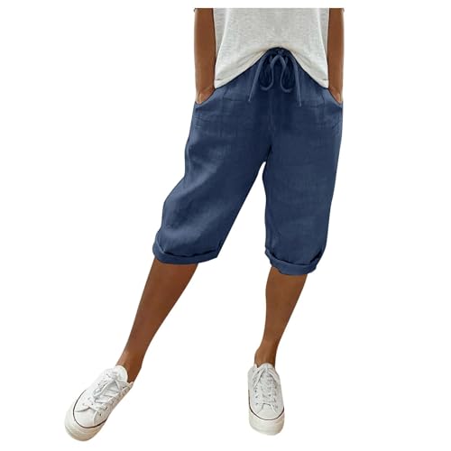 MeiLyviba Damen Kurze Hosen Leinenhose Sommer Musselin Knielang Leicht und Luftig Locker Hohe Taille Caprihose Elastisch Einfarbig Strandhose Stoffhose Casual Pants mit Kordelzug 3/4 Leinen Shorts von MeiLyviba