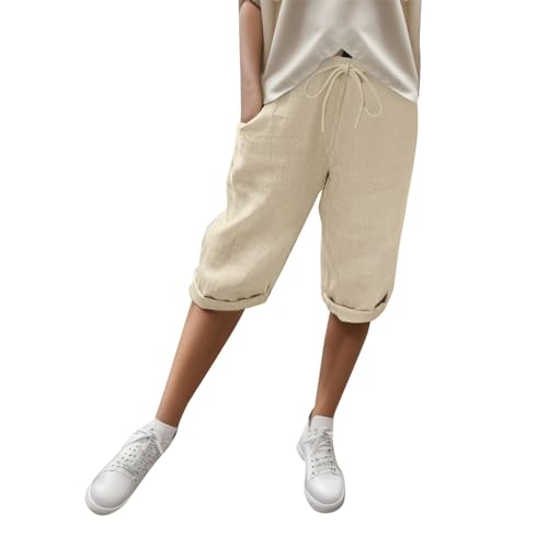 MeiLyviba Damen Kurze Hosen Leinenhose Sommer Musselin Knielang Leicht und Luftig Locker Hohe Taille Caprihose Elastisch Einfarbig Strandhose Stoffhose Casual Pants mit Kordelzug 3/4 Leinen Shorts von MeiLyviba