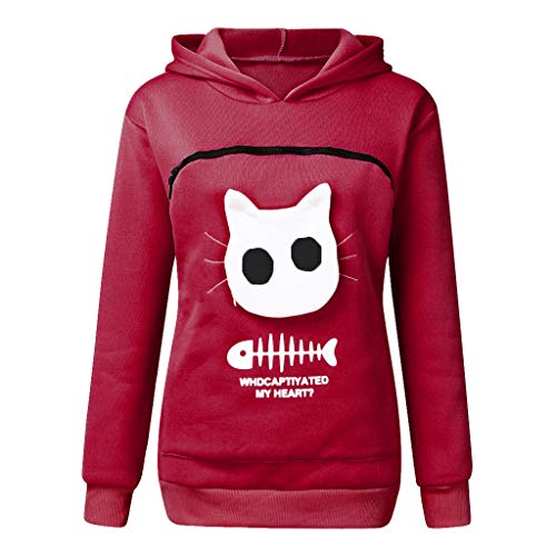 MeiLyviba Damen Langarm Pullover Frauen Warme Langarmshirt Katzenpulli Hunde Katze Tasche Sweatshirt Pulli Hoodie Kapuzenpullover mit Katzen Hund große Tasche Katzentasche Pullover mit Reißverschluss von MeiLyviba