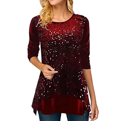 MeiLyviba Festliche Oberteile Damen Glitzer Große Größen Tunika Elegant Pailletten Oberteil Bluse 3/4 Arm Tunika Lässig Rundhals Sexy Oberteile Langarmshirt Silvester Longbluse von MeiLyviba