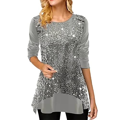 MeiLyviba Festliche Oberteile Damen Glitzer Große Größen Tunika Elegant Pailletten Oberteil Bluse 3/4 Arm Tunika Lässig Rundhals Sexy Oberteile Langarmshirt Silvester Longbluse von MeiLyviba