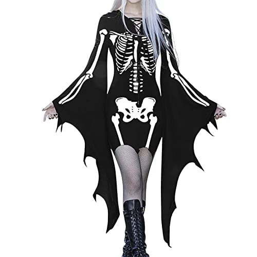 MeiLyviba Kleider Halloween Kostüm Gothic Kleidung Damen Fledermausärmel Schwarz Steampunk Minikleid Vampir Cosplay Hexenkostüm von MeiLyviba