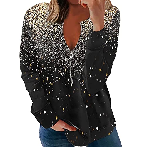 MeiLyviba Pailletten Oberteil Damen-Shirt Casual Oberteile Langarm Blusen V-Ausschnitt Lose Oversize Top Elegant Langarmshirt Festliche Damen Glänzend Pailletten T-Shirt Bluse Tunika Glitzer Party von MeiLyviba