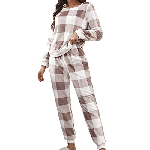 Schlafanzug Damen Set Zweiteiliger Nachtwäsche Langarm Sleepwear Und Karierte Pyjamahose Teenager Mädchen Elegant Pijama Pyjama Lang Winter V-Ausschnitt Loungewear Freizeitanzug Mit Taschen Warm von MeiLyviba