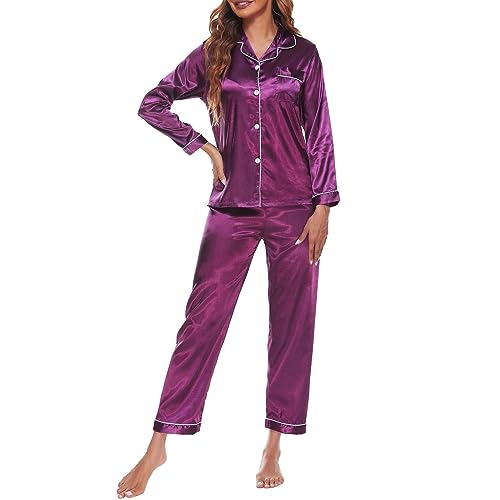 Schlafanzug Damen Set Zweiteiliger Nachtwäsche Langarm Teenager Mädchen Elegant Pijama Pyjama Lang Winter V-Ausschnitt Loungewear Freizeitanzug Mit Taschen Warm Sleepwear Und Karierte Pyjamahose von MeiLyviba