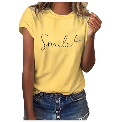 Sommer T-Shirt Damen Basic T Shirt mit SmileBedrucken Rundhalsausschnitt Weiß Oberteile Baumwolle Casual Kurzarm Bluse Ausgefallene Tops Sportshirt Teenager Mädchen von MeiLyviba