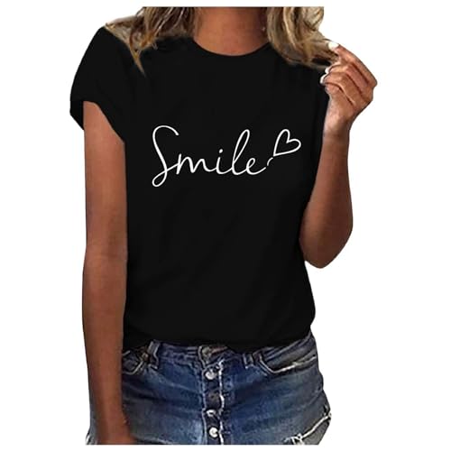 Sommer T-Shirt Damen Basic T Shirt mit SmileBedrucken Rundhalsausschnitt Weiß Oberteile Baumwolle Casual Kurzarm Bluse Ausgefallene Tops Sportshirt Teenager Mädchen von MeiLyviba