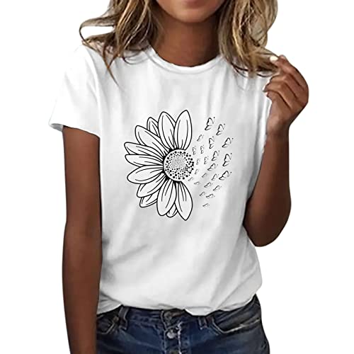 T-Shirt Damen Sommer Kurzarm Mode Hemd Bluse O-Ausschnitt Motiv Sommershirt Oberteil Tops Pullover Casual Rundhals Damenbluse Kurzen Ärmel von MeiLyviba